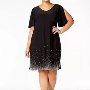 Roz & Ali Navy Pearl Rhinestone Studded Slit Sleeve Shift Dress Plus Size 2X